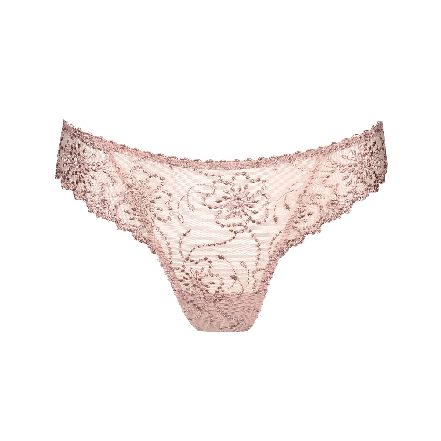 Pink lace thong on a white background