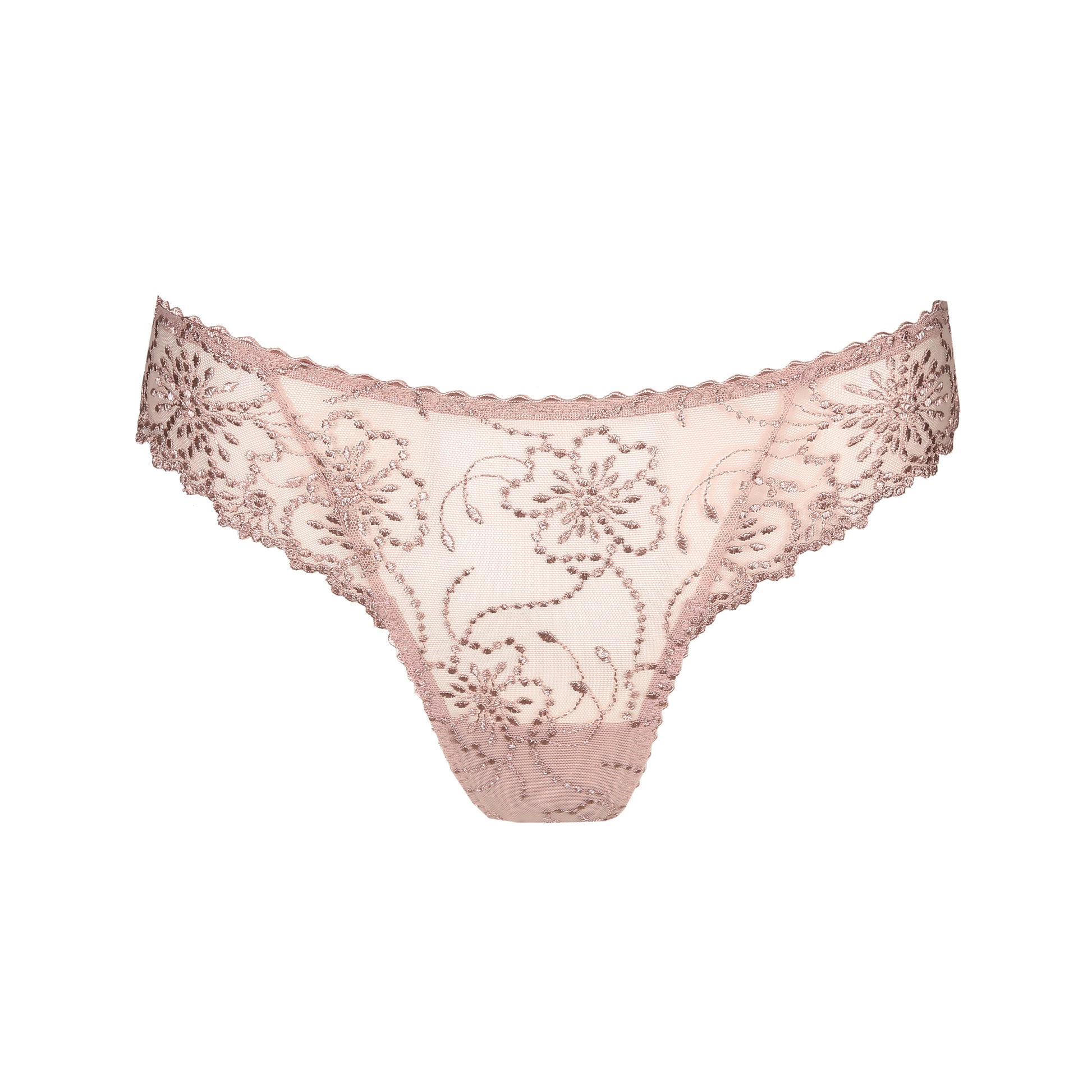 Pink lace thong on a white background